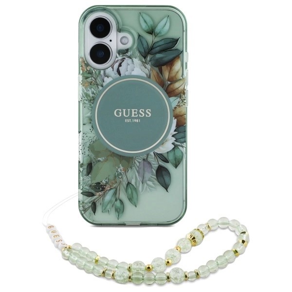 Husa Guess Iphone 16 Flowers cu Snur de Perle -Verde